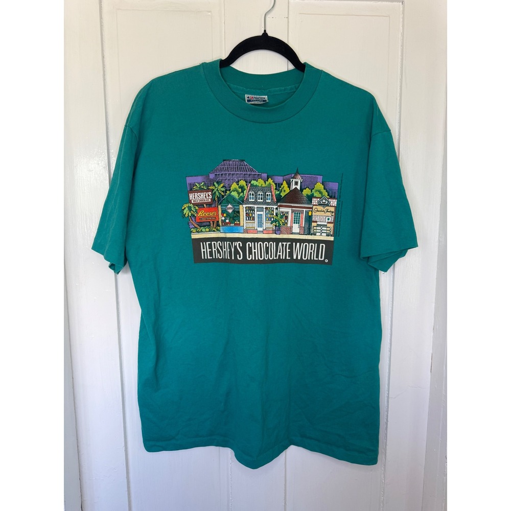 Hanes Hershey's Chocolate World T-Shirt Mens XL Teal Vintage Graphic Made in USA